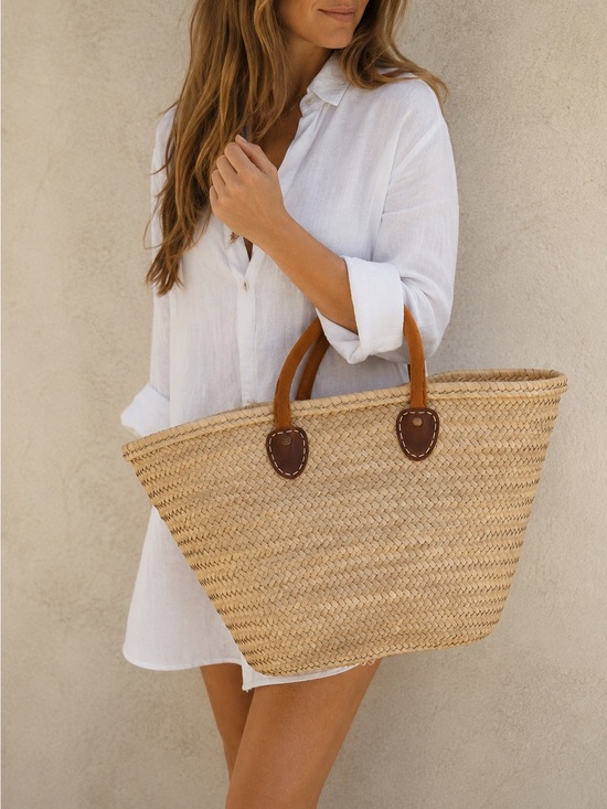 Handbags - Handwoven Natural Straw Tote with Brown Leather Handles